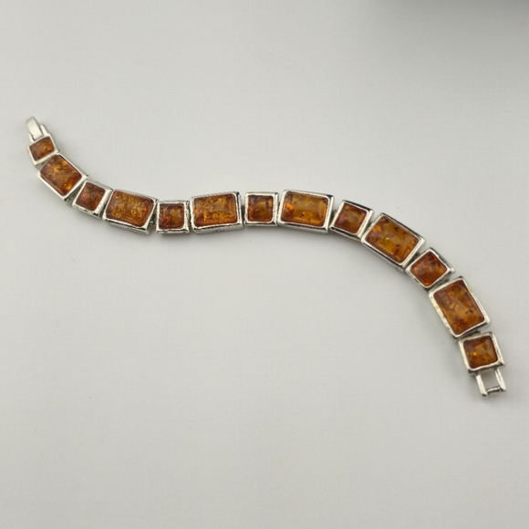 18KGP Amber Link Bracelet 7" Rectangular Gemstones Gold Plated Statement Jewelry - Picture 1 of 12